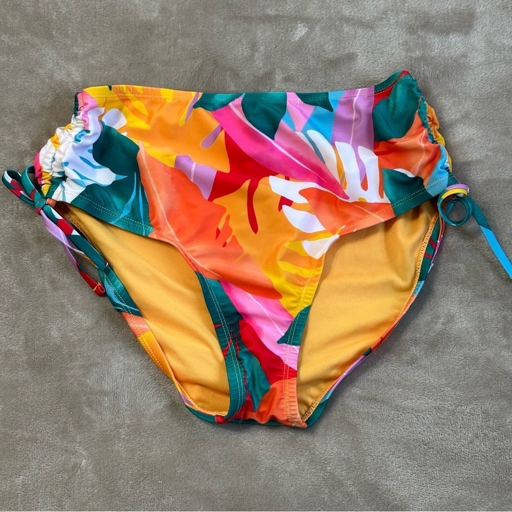 BCBG Paris High Waist Bikini Bottom Colorful Ruching w/ Ties Size XL